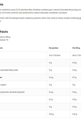 OstroVit chocolate sauce nutrition facts, detailing ingredients, calories, and nutrient content per portion and 100g.